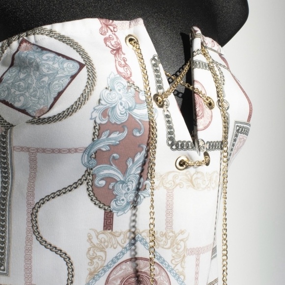 Guess strapless bodycon gold hardware tie vneck knee length dress size Medium - Picture 4 of 11